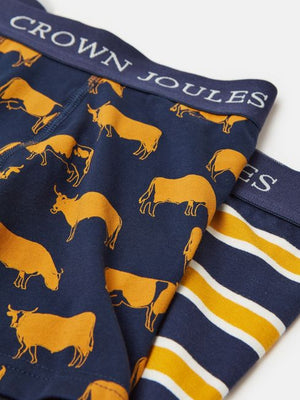 Joules Crown Joules Friesian Cow Navy/Yellow Pack of Two Cotton Boxers