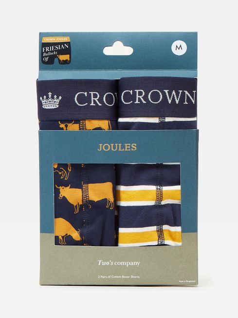 Joules Crown Joules Friesian Cow Navy/Yellow Pack of Two Cotton Boxers