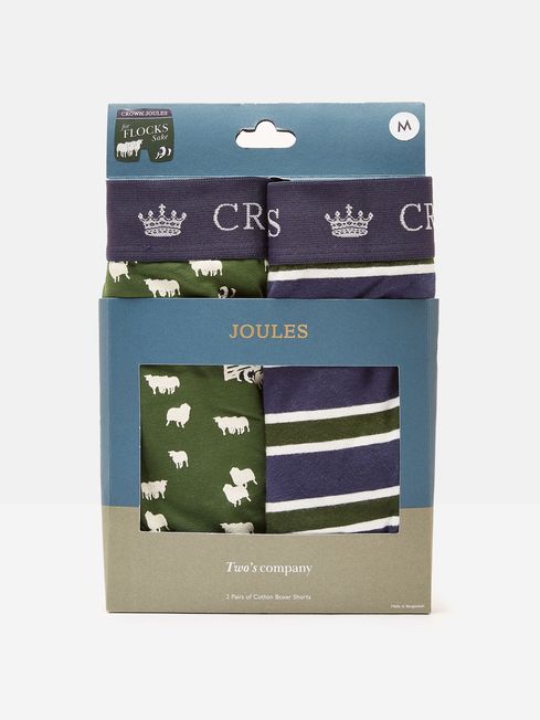 Joules Crown Joules Flocks Sake Green/Navy Pack of Two Cotton Boxers