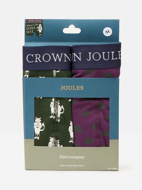 Joules Crown Joules Fox Hat Purple/Green Pack of Two Cotton Boxers