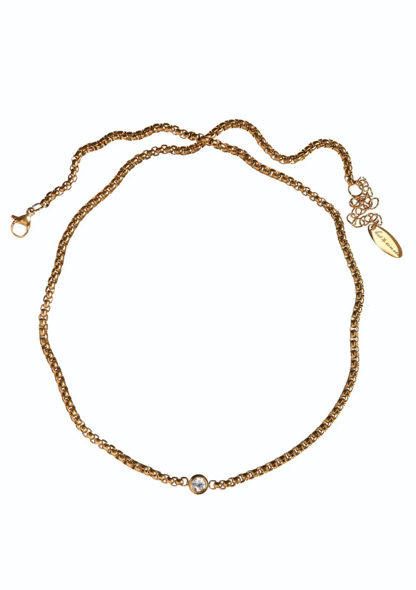 Hot Tomato Gold Box Chain & Clear Crystal Necklace