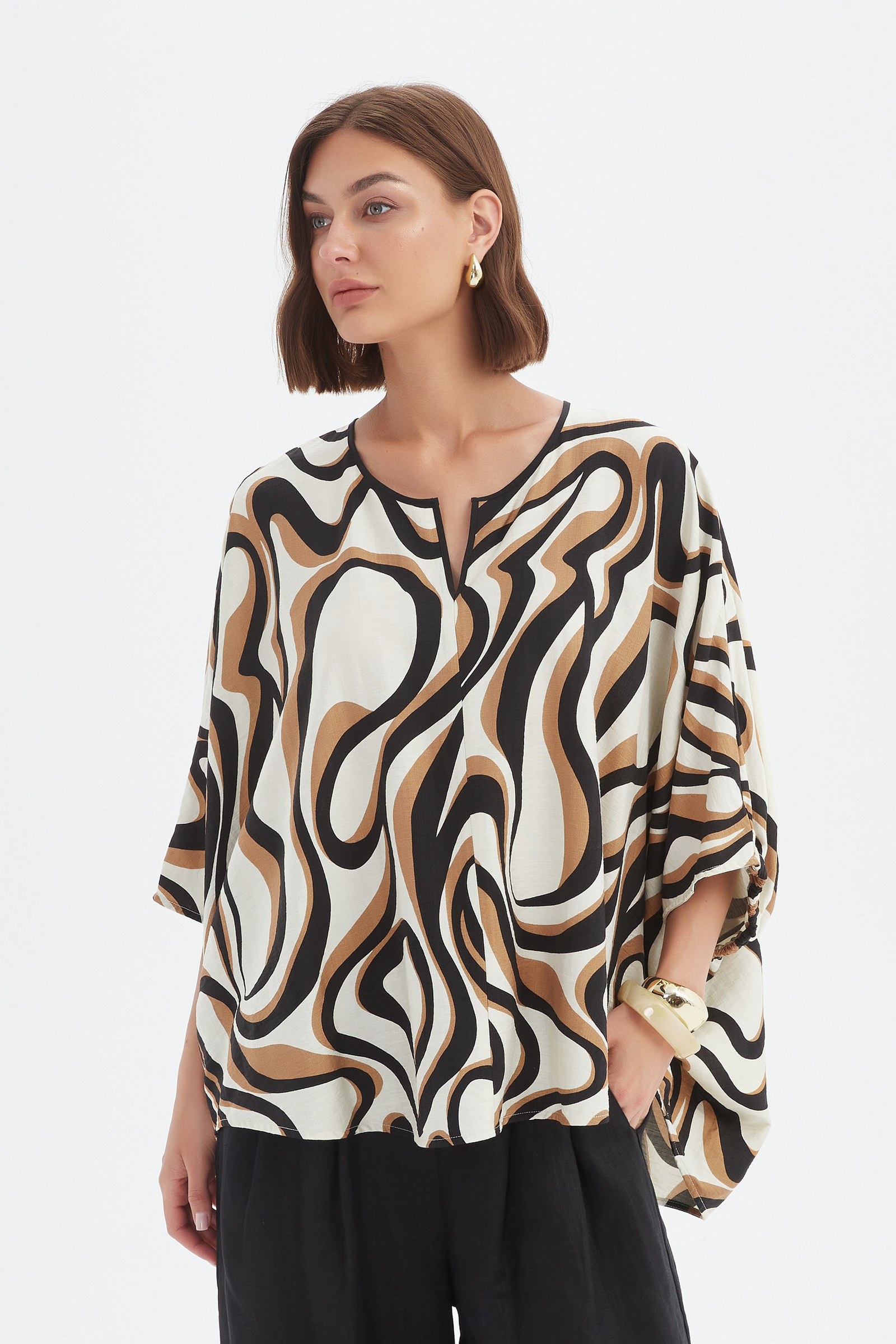 Tirelli Caramel Swirl Notch Neck Print Top