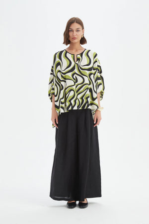 Tirelli Chartreuse Notch Neck Swirl Print Top