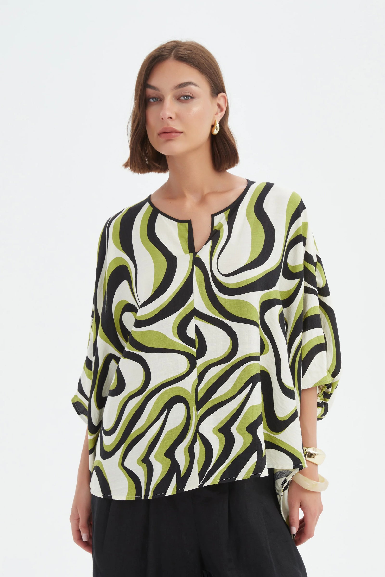Tirelli Chartreuse Notch Neck Swirl Print Top