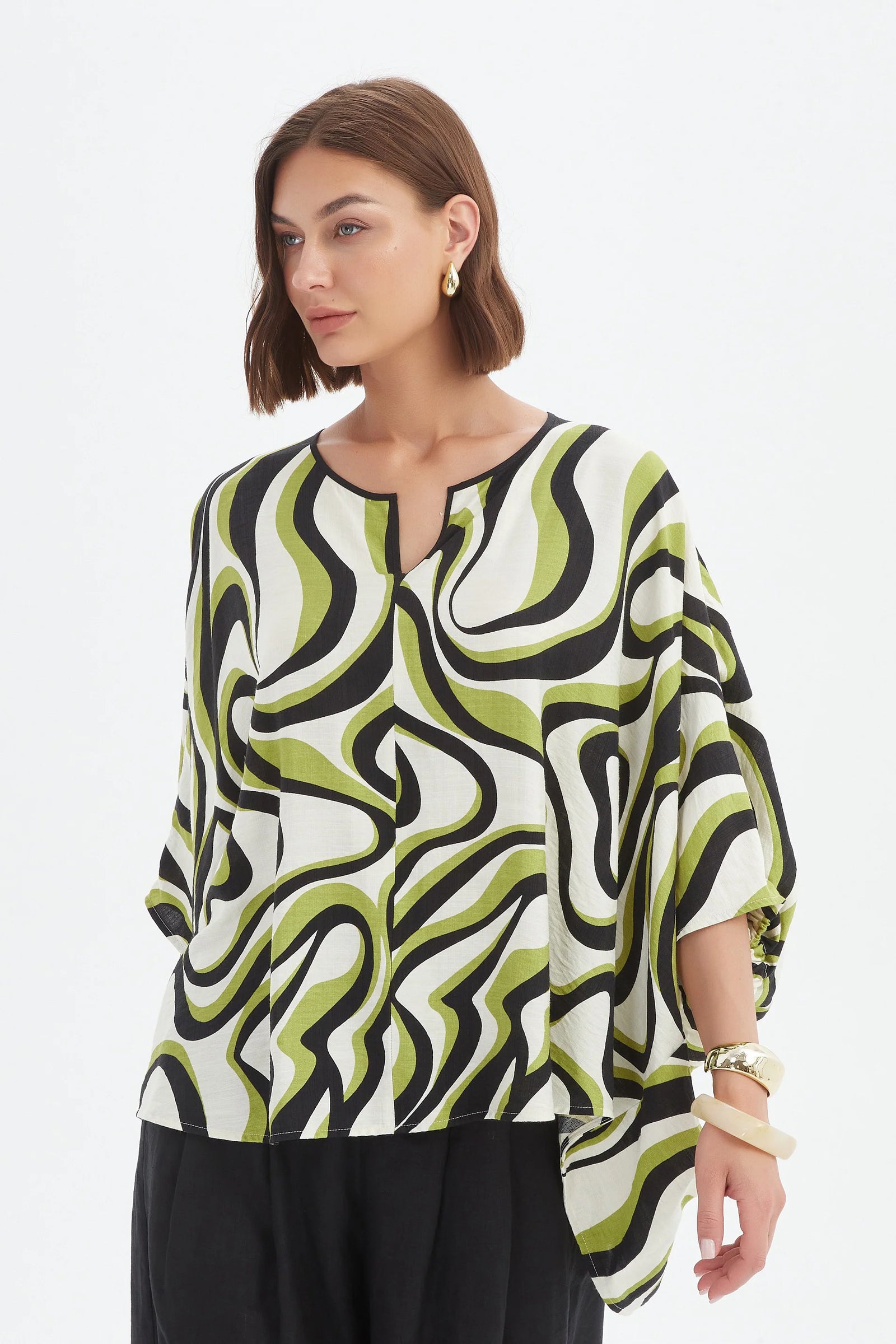 Tirelli Chartreuse Notch Neck Swirl Print Top