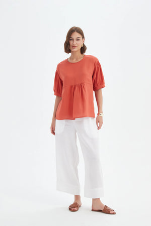 Tirelli Rust Linen Bishop Sleeve Shirring Top