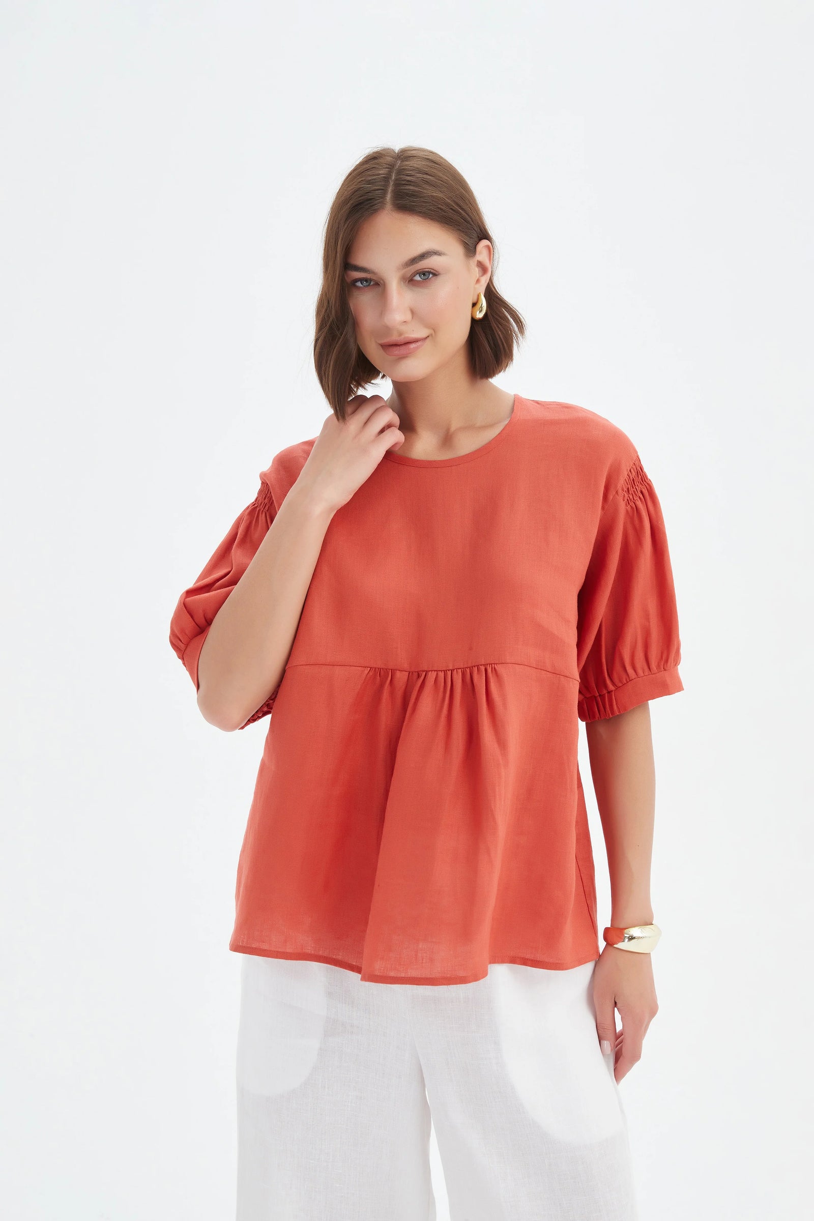 Tirelli Rust Linen Bishop Sleeve Shirring Top