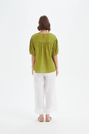 Tirelli French Chartreuse Bishop Sleeve Shirring Top