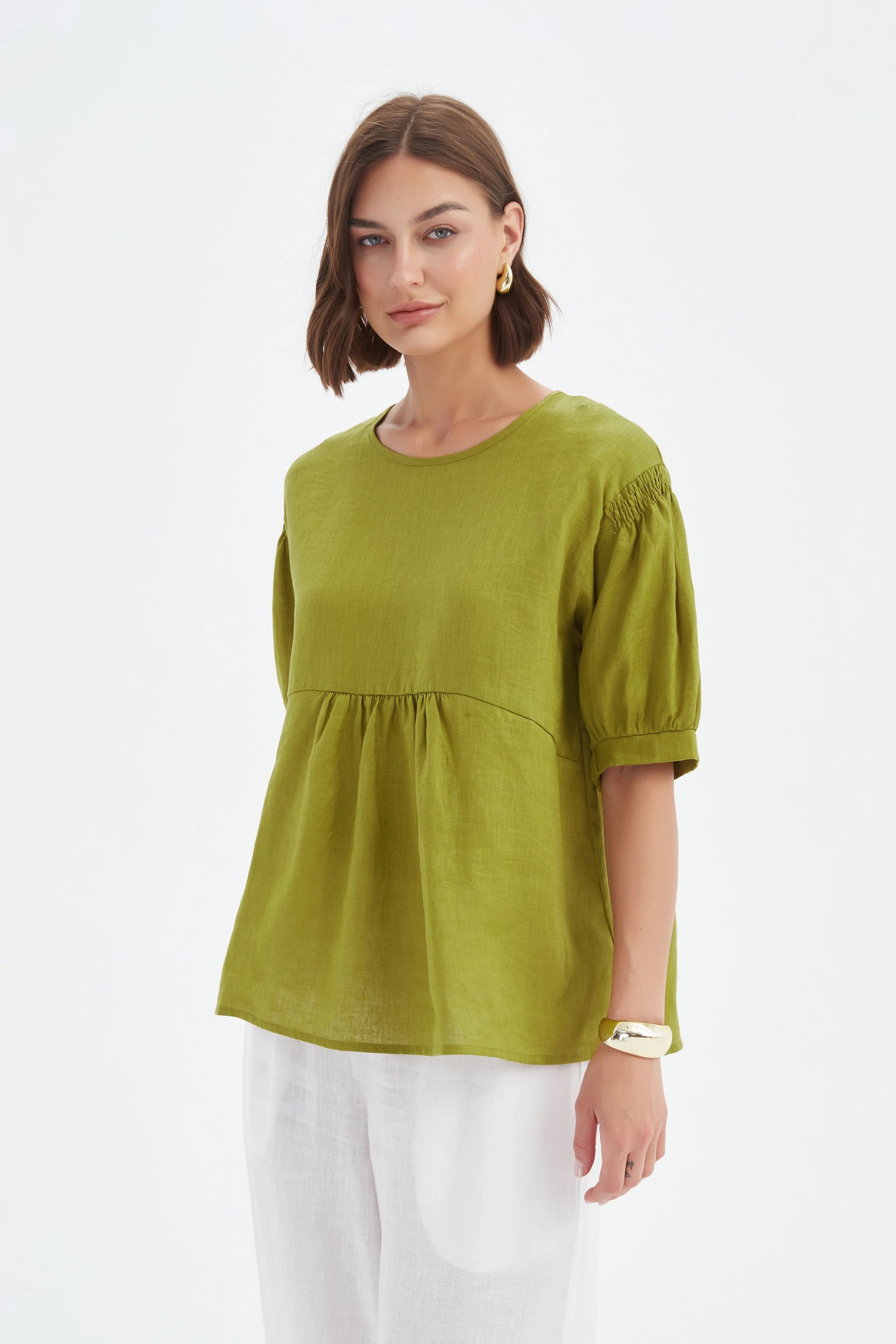 Tirelli French Chartreuse Bishop Sleeve Shirring Top