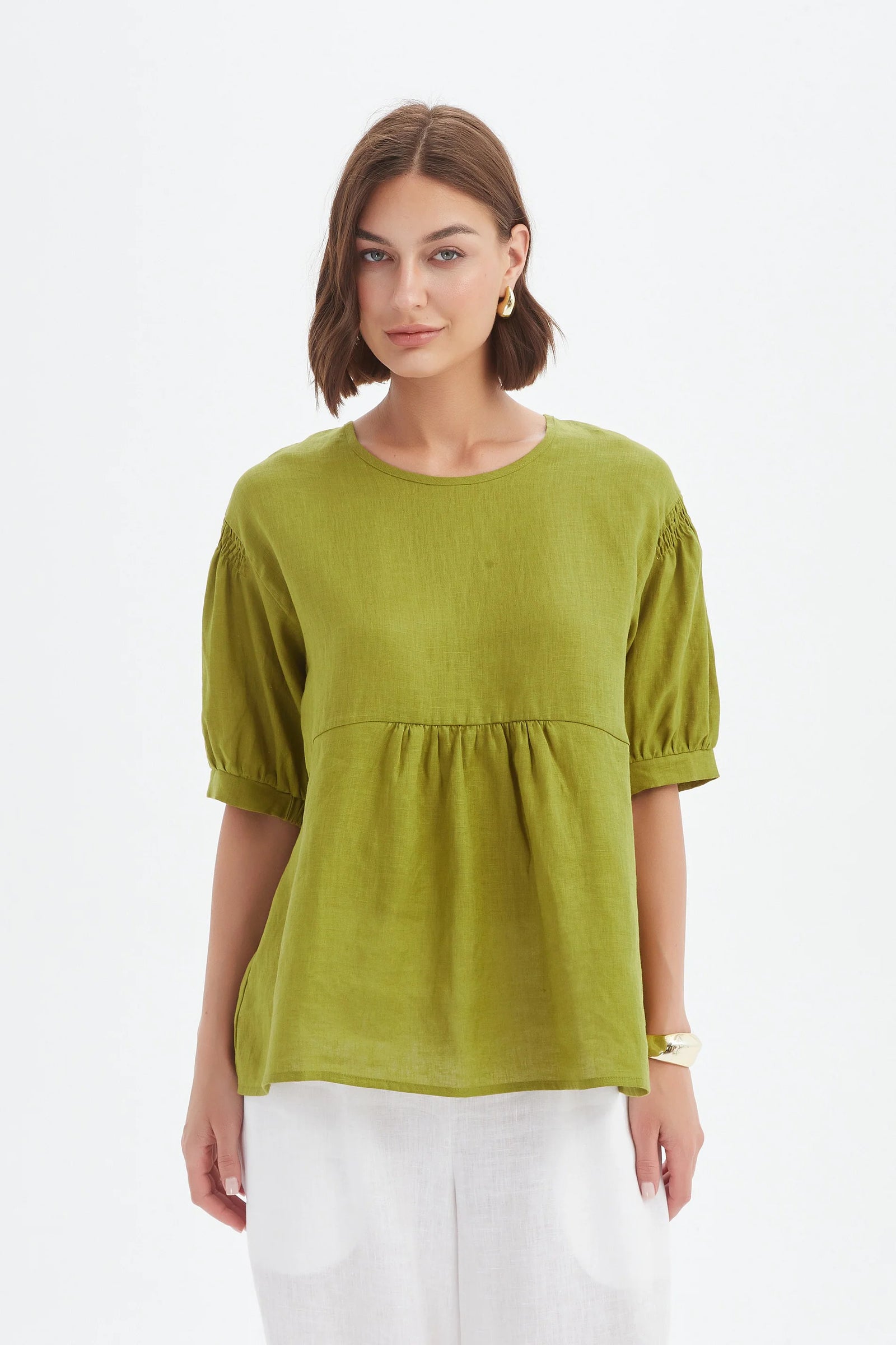 Tirelli French Chartreuse Bishop Sleeve Shirring Top