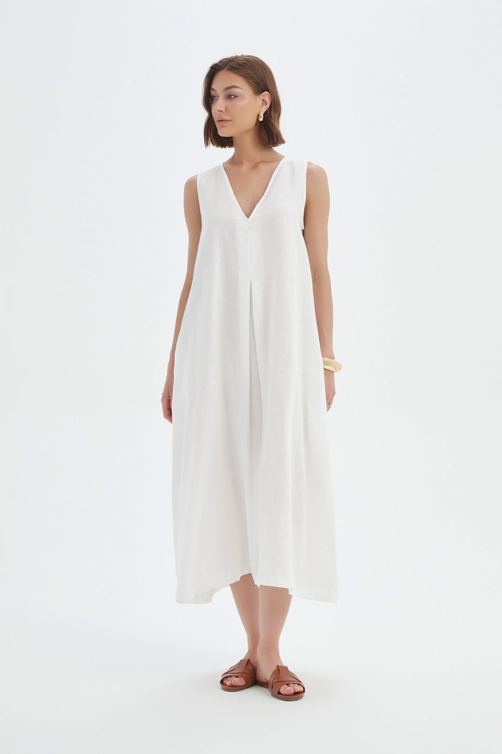 Tirelli Cream Inverted Pleat Linen Dress