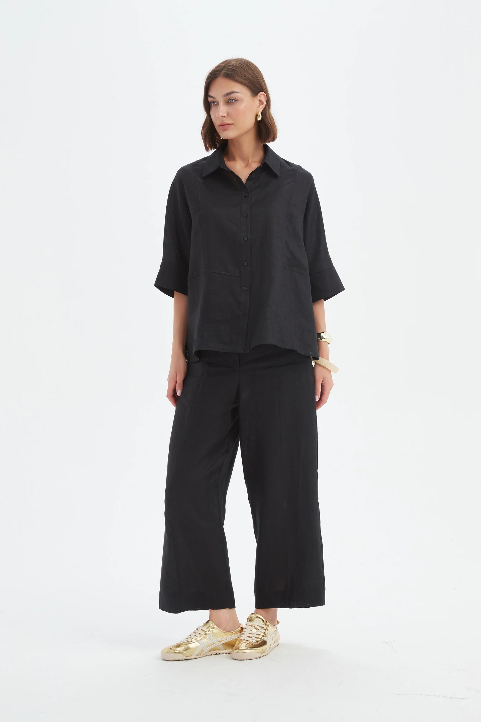 Tirelli Black Linen Pleat Front Palazzo Pant
