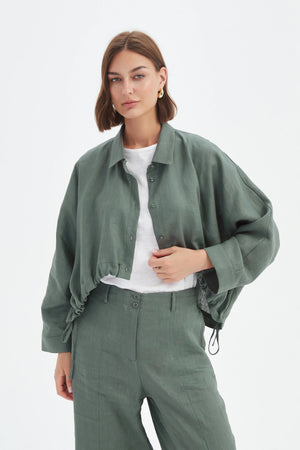 Tirelli Petrol Linen Wide Crop Overshirt Woven