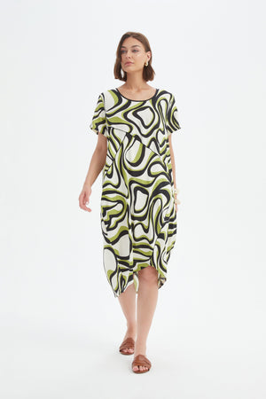 Tirelli Chartreuse Swirl Panel Print Dress