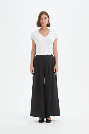 Tirelli Black Linen Pleat Front Palazzo Pant