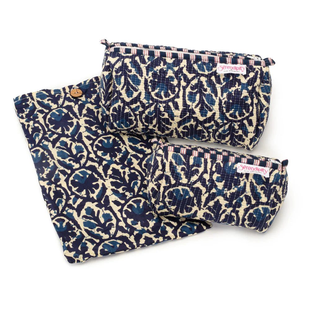 Elie Beaumont Serendipity Indigo Ikat Cotton Cosmetic Case Set of 2