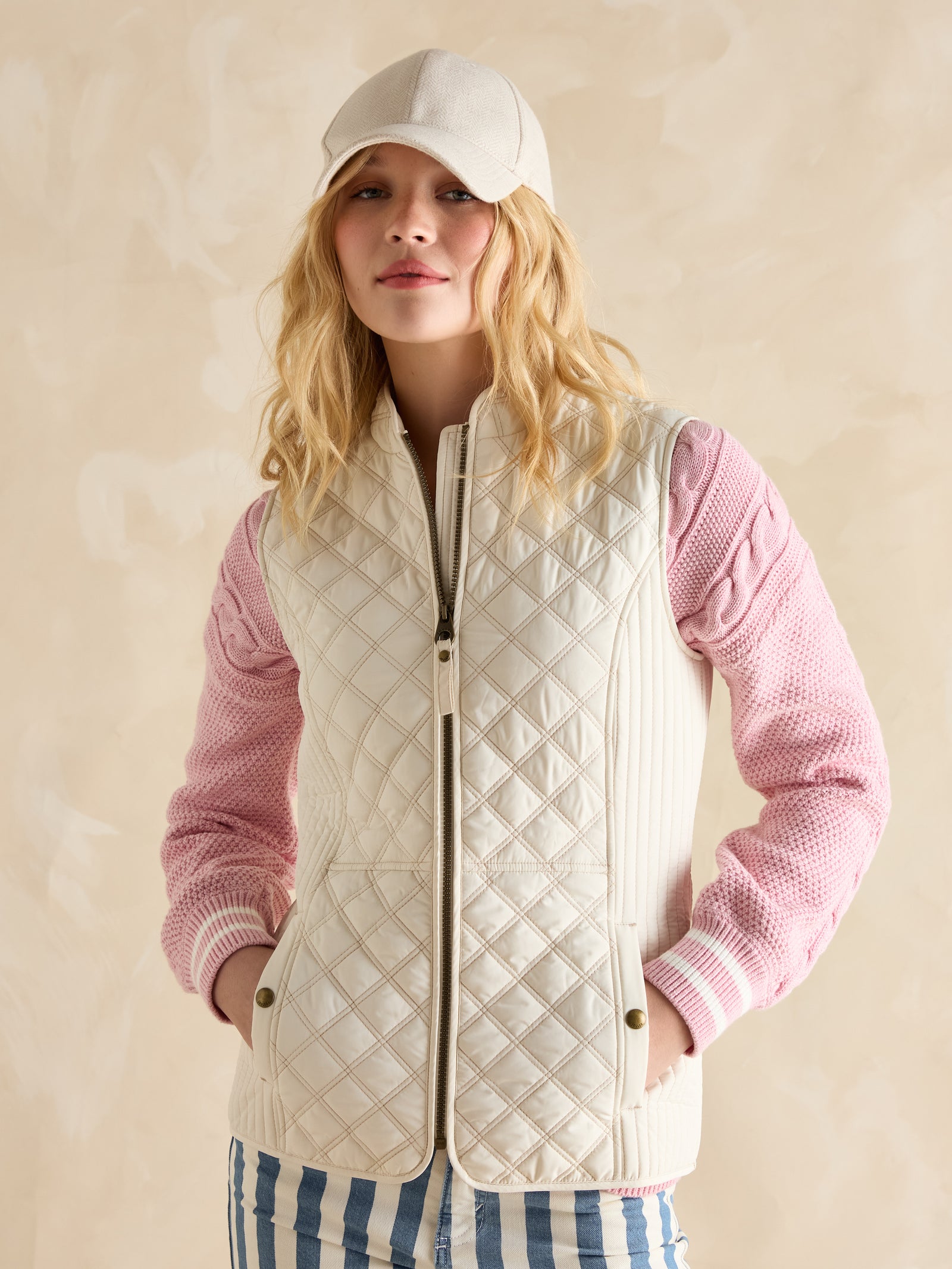 Joules Minx Cream Showerproof Diamond Quilted Gilet with Adjustable Waist