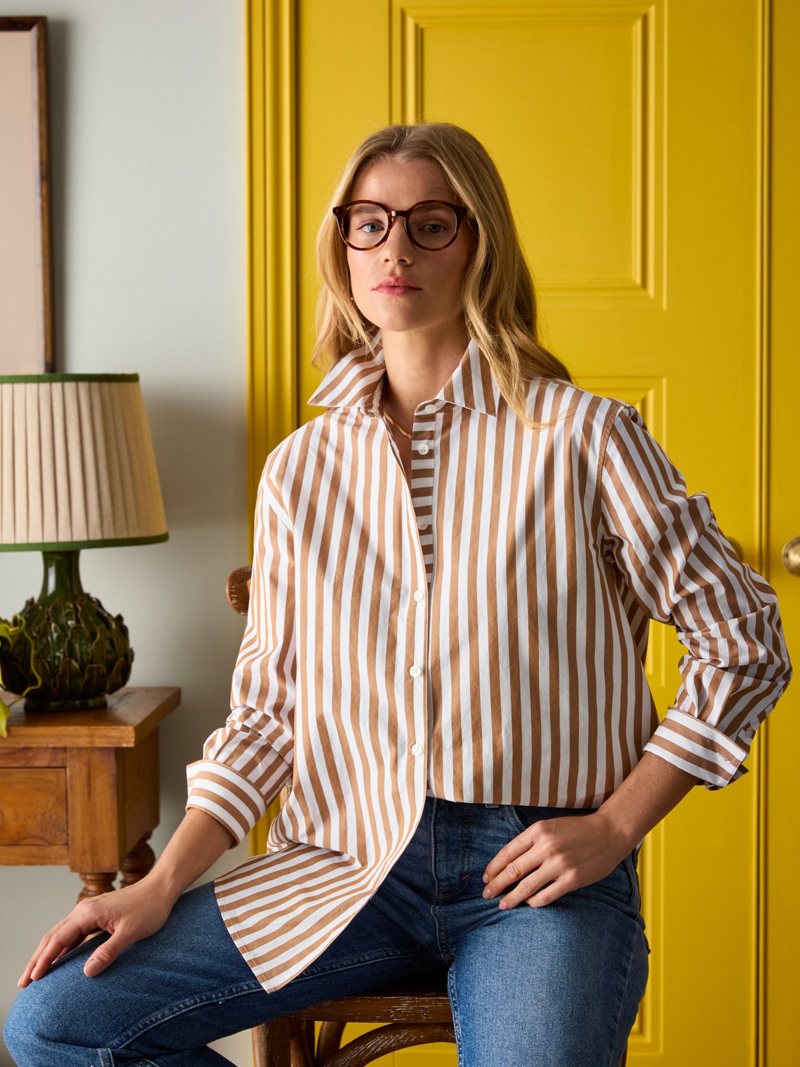 Joules Amilla Tan & White Stripe Longline Relaxed Fit Shirt