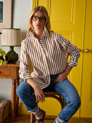 Joules Amilla Tan & White Stripe Longline Relaxed Fit Shirt