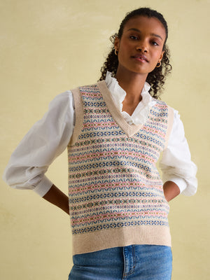 Joules Islay Oatmeal V Neck Fair Isle Knitted Vest