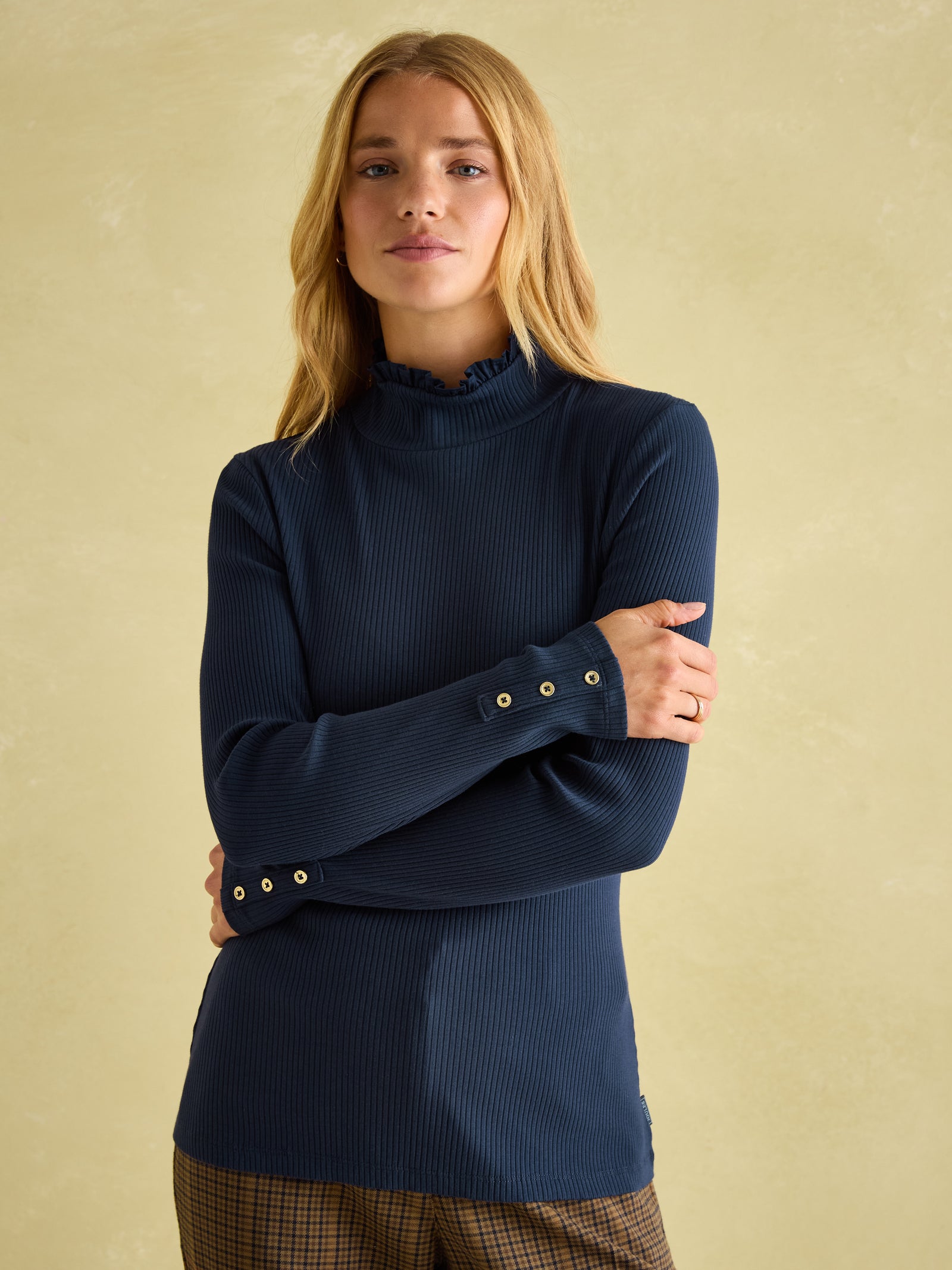 Joules Amy Navy Blue Ribbed Long Sleeve High Neck Jersey Top