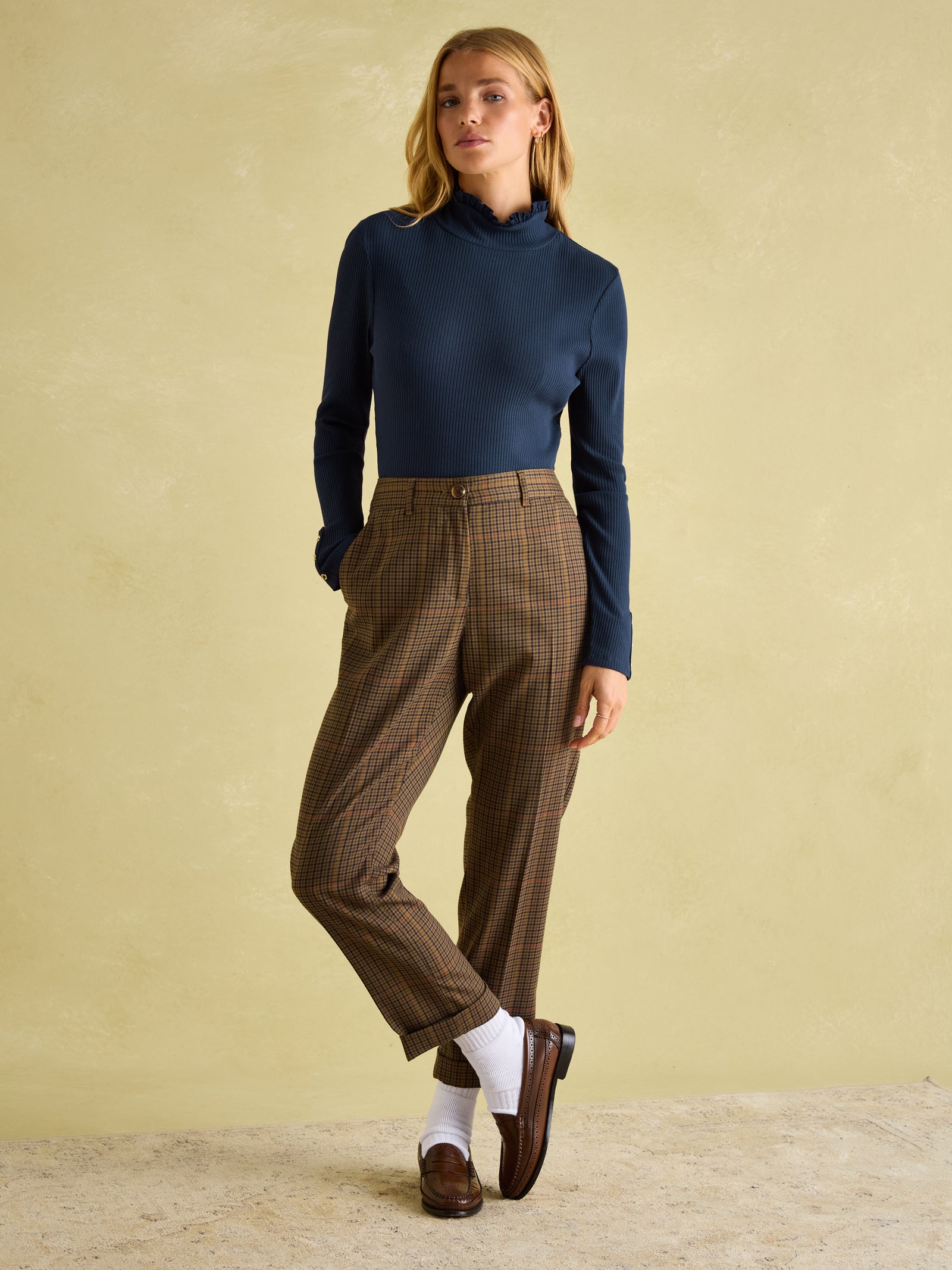 Joules Amy Navy Blue Ribbed Long Sleeve High Neck Jersey Top