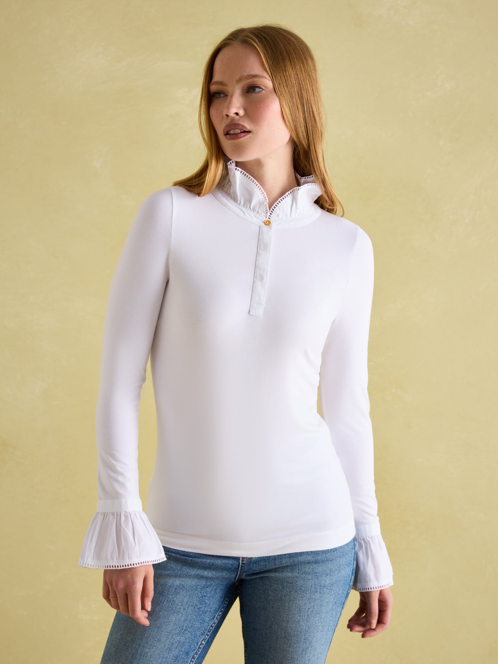Joules Kate White Long Sleeve Frilled Neck Top