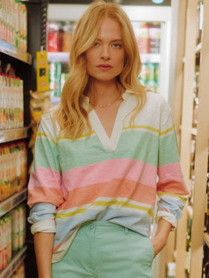 Joules Tallie White & Multi Striped Cotton Jersey Top With Collar
