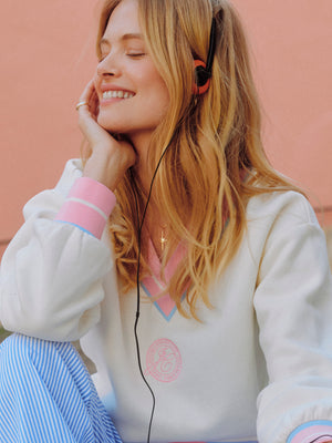 Joules Cream Cotton Rich Embroidered Sporty Varsity Sweatshirt