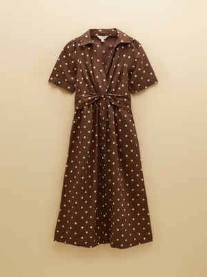 Joules Marina Brown Polka Dot Midi Linen Blend Dress