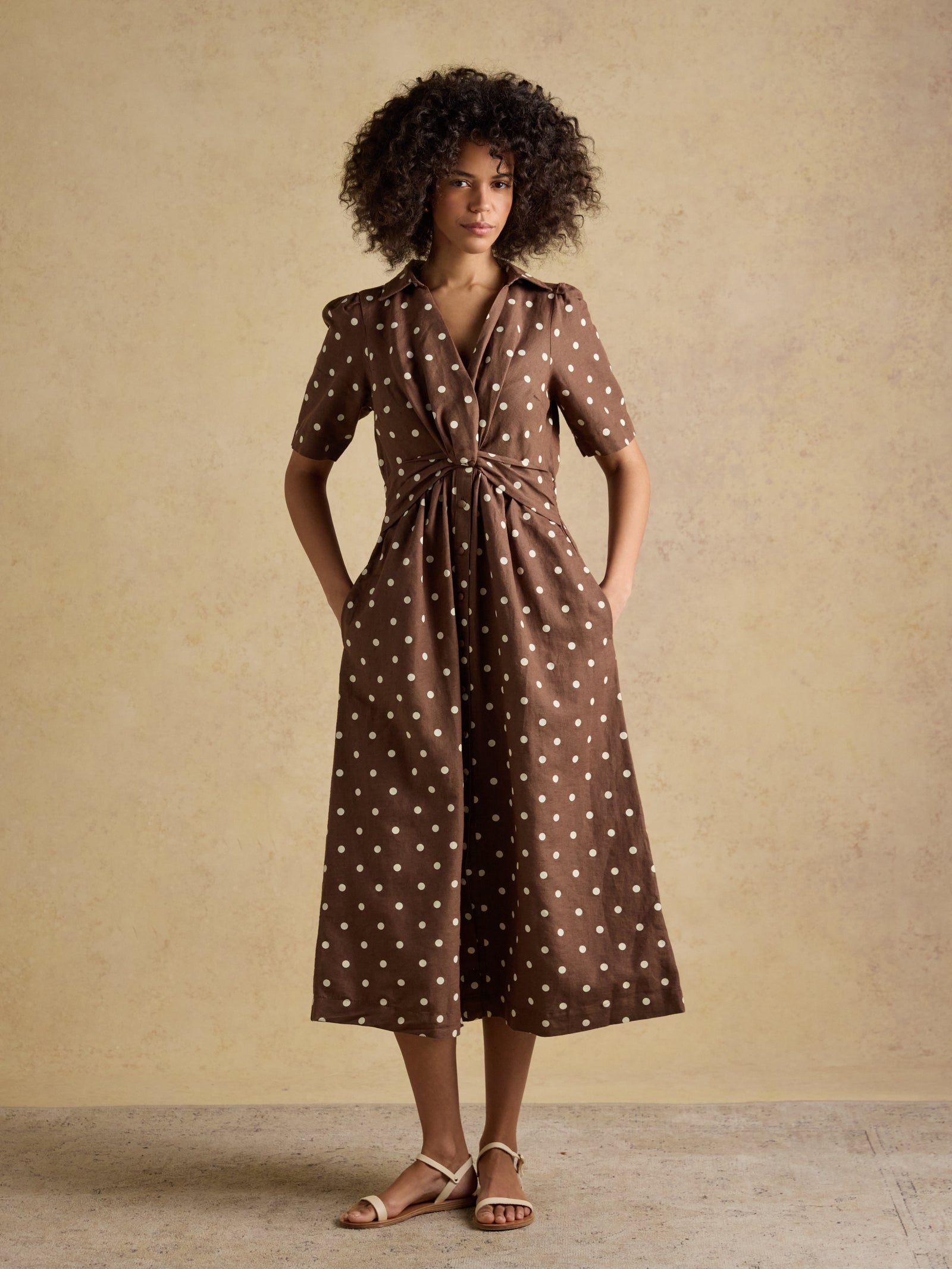 Joules Marina Brown Polka Dot Midi Linen Blend Dress