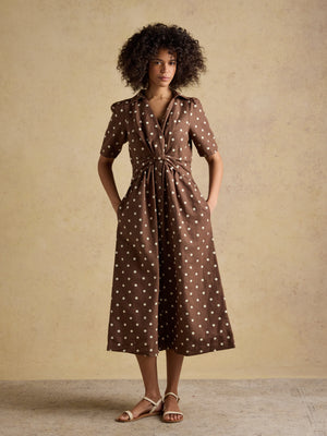 Joules Marina Brown Polka Dot Midi Linen Blend Dress