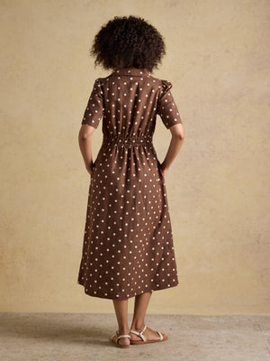 Joules Marina Brown Polka Dot Midi Linen Blend Dress