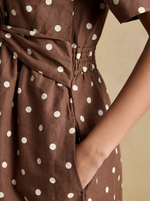 Joules Marina Brown Polka Dot Midi Linen Blend Dress