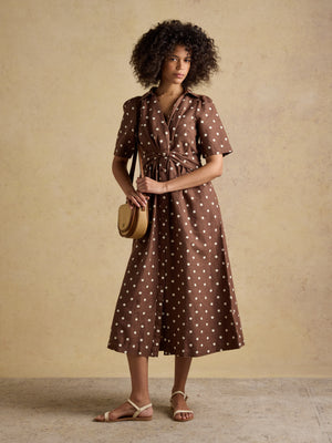 Joules Marina Brown Polka Dot Midi Linen Blend Dress