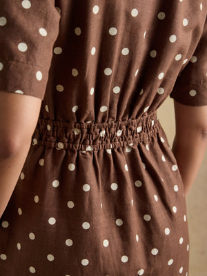 Joules Marina Brown Polka Dot Midi Linen Blend Dress