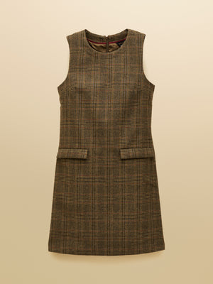 Joules Edwina Brown Check Shift Tweed Wool Blend Sleeve Dress with Round Neck