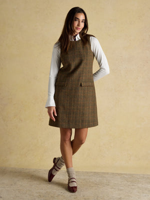 Joules Edwina Brown Check Shift Tweed Wool Blend Sleeve Dress with Round Neck