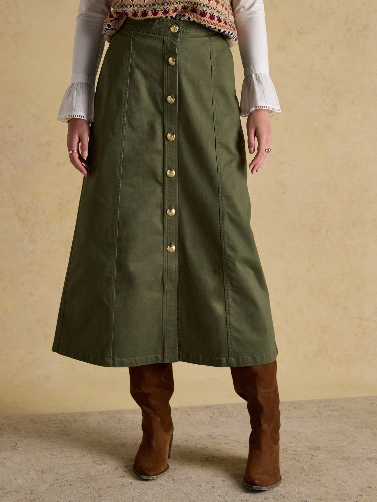 Joules Twyla Khaki Green Midi Chino Skirt
