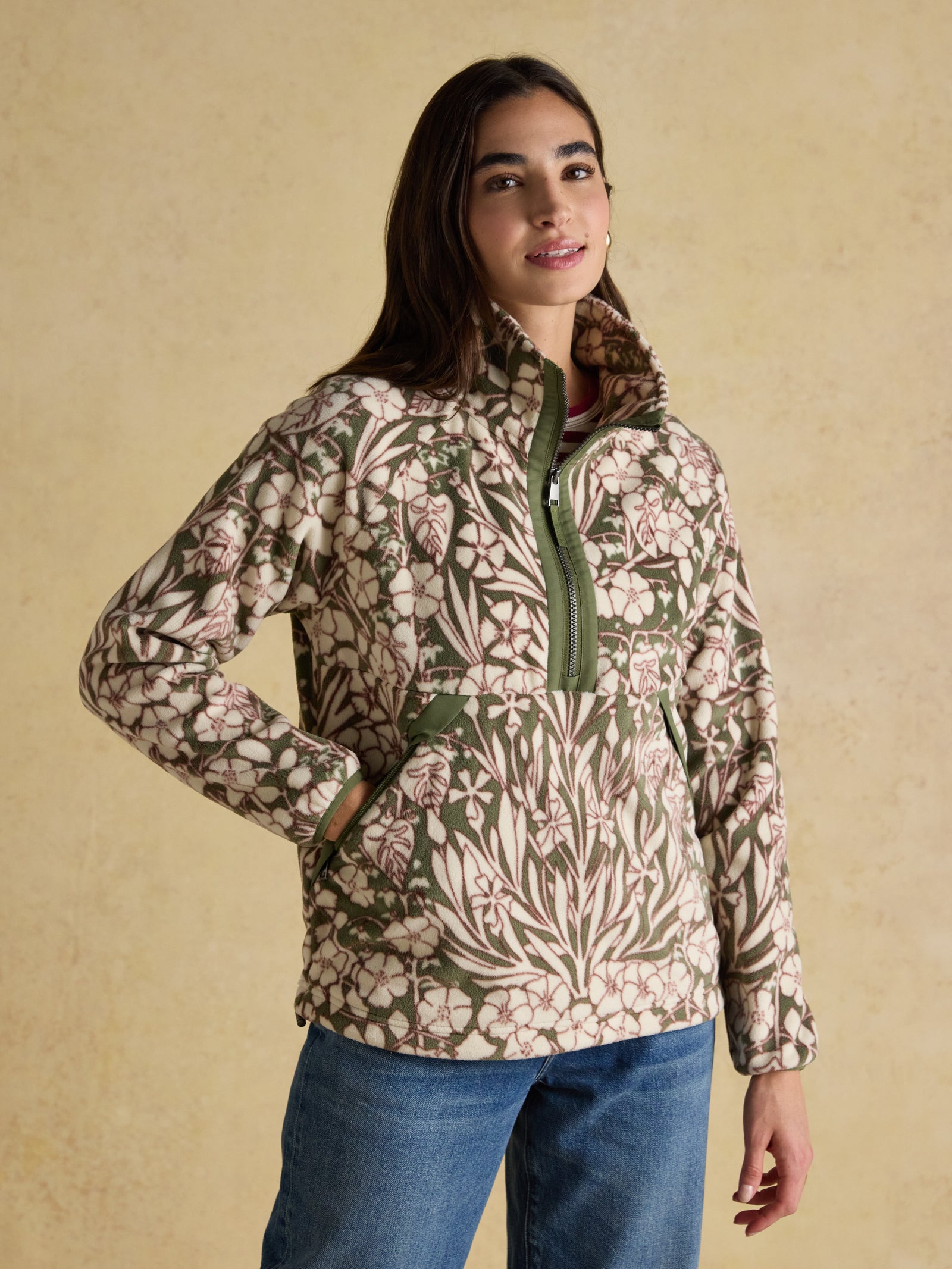 Joules Olivia Green Floral Quarter Zip Fleece