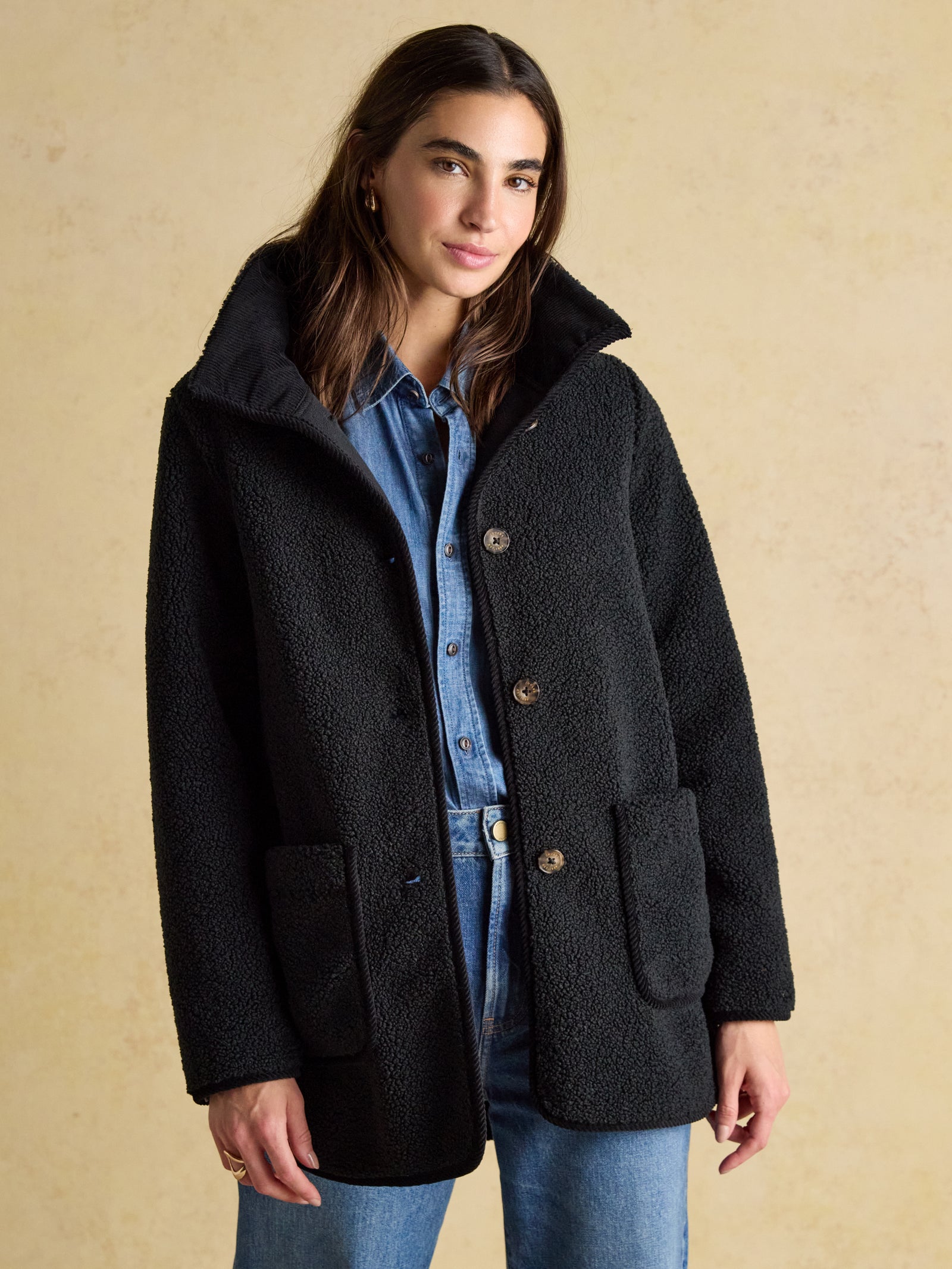 Joules Sadie Black Longline Fleece Jacket with Button Fastening