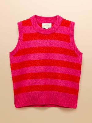 Joules Holly Pink & Red Stripe Knitted Crew Neck Vest