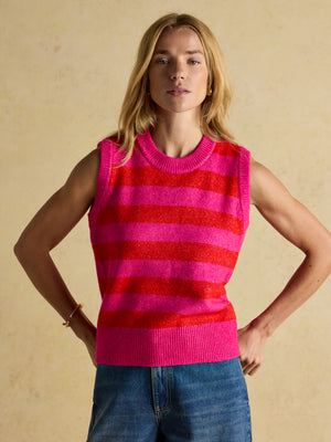 Joules Holly Pink & Red Stripe Knitted Crew Neck Vest