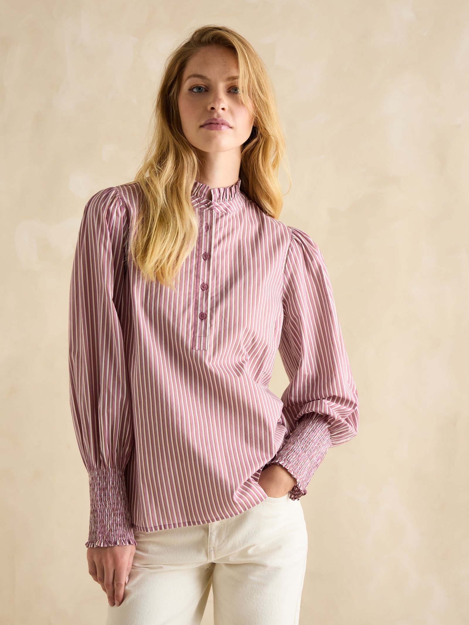 Joules Mariella Pink & White Frill Neck Blouse