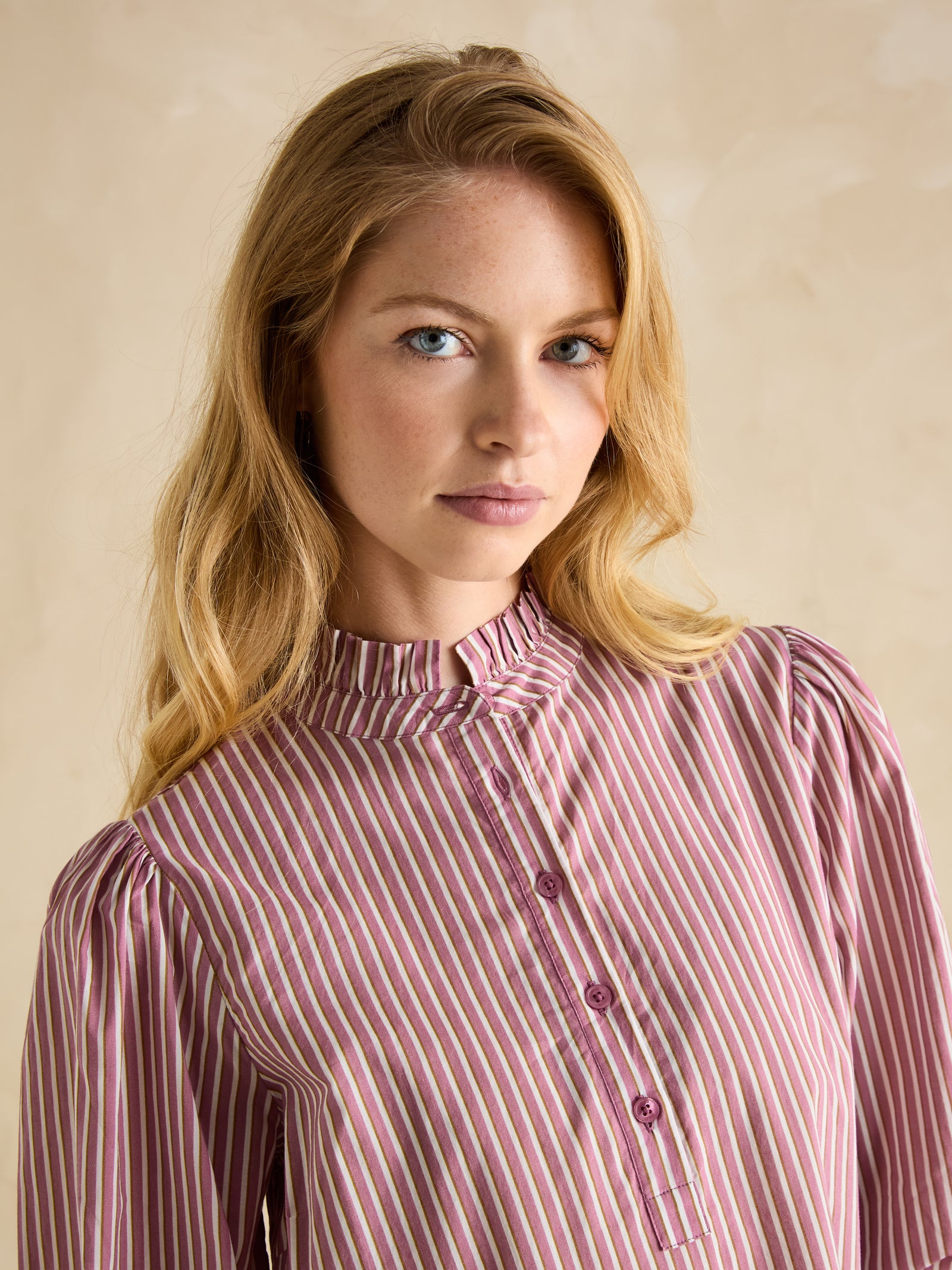 Joules Mariella Pink & White Frill Neck Blouse