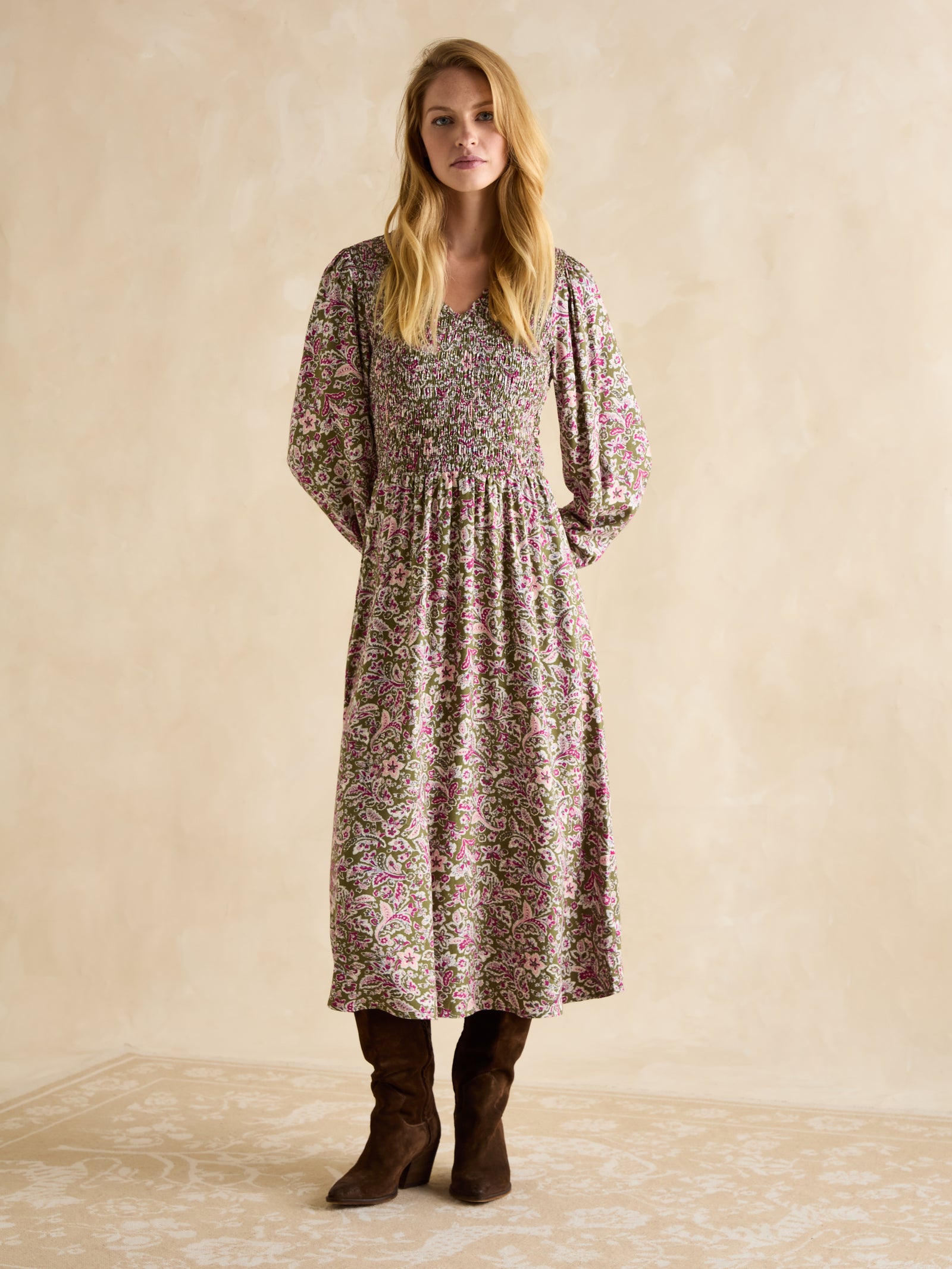 Joules Lilliana Pink/Green Shirred Dress