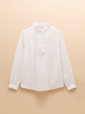 Joules Melanie White Long Sleeve Blouse With Ruffle Neck