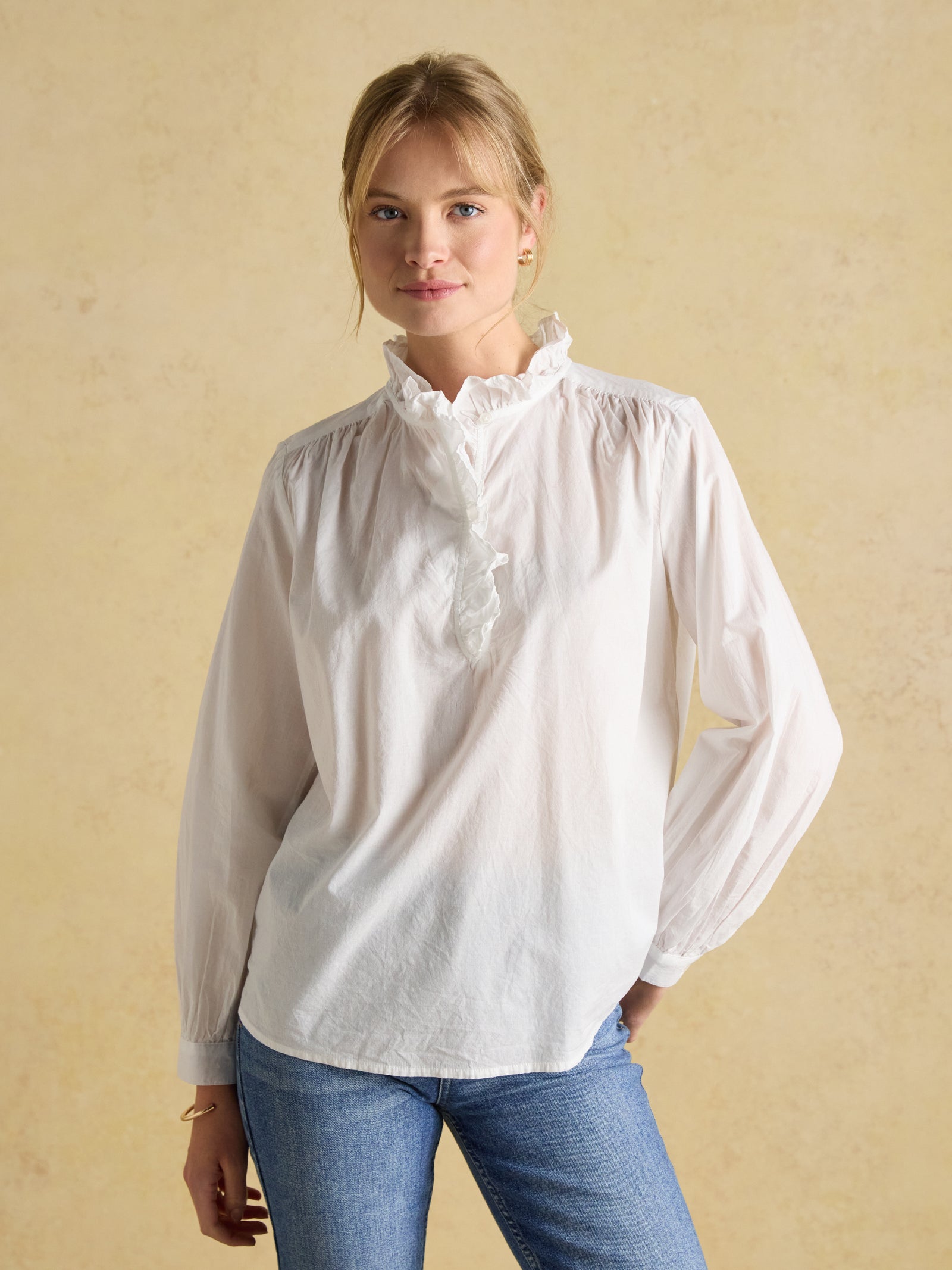 Joules Melanie White Long Sleeve Blouse With Ruffle Neck