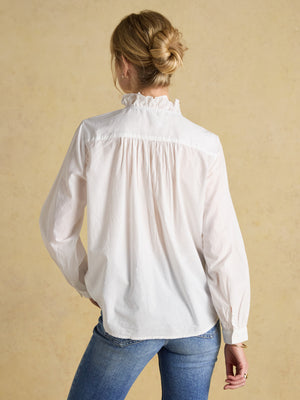 Joules Melanie White Long Sleeve Blouse With Ruffle Neck