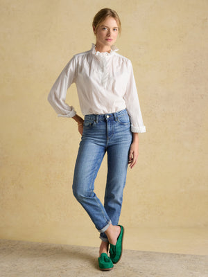 Joules Melanie White Long Sleeve Blouse With Ruffle Neck